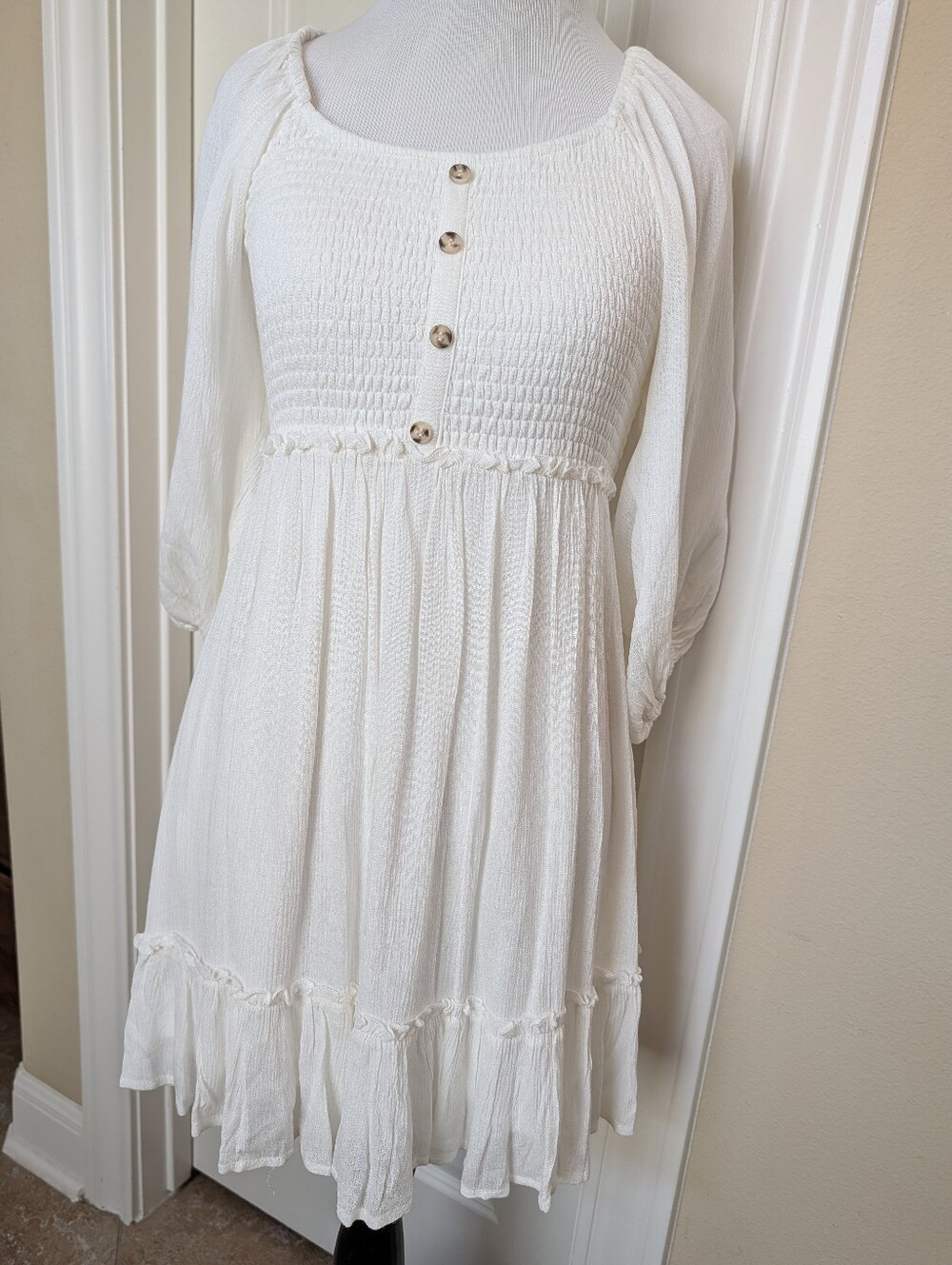 Women's White Smocked Button-Front Peasant Dress
